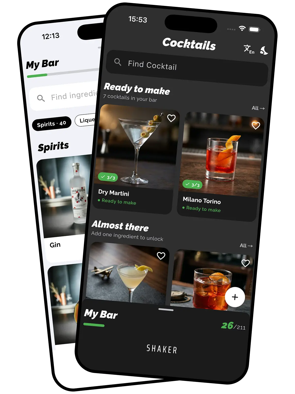 Shaker app preview: Cocktails grid and My Bar screen
